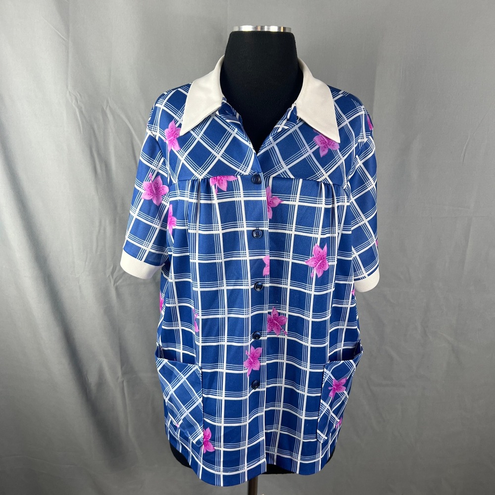 Vintage Andea Of New York Tunic Blouse Womens Blue White Floral Patch Pocket